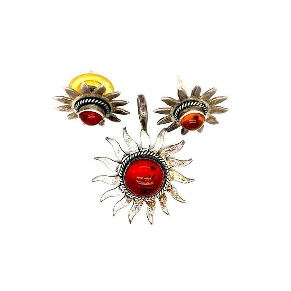 925 Silver Amber Pendant & Earrings Set - Picture 2 of 7